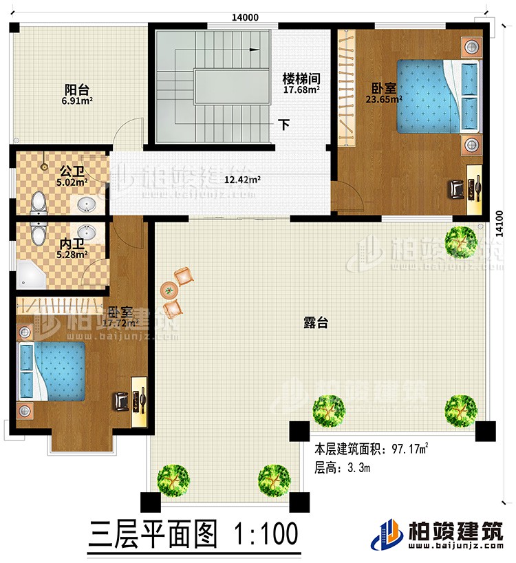 三层：2卧室、楼梯间、公卫、内卫、阳台、露台